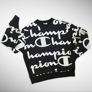 Champion Reverse Weave All Over Print Sweatshirt BIG! XL Black White Script
